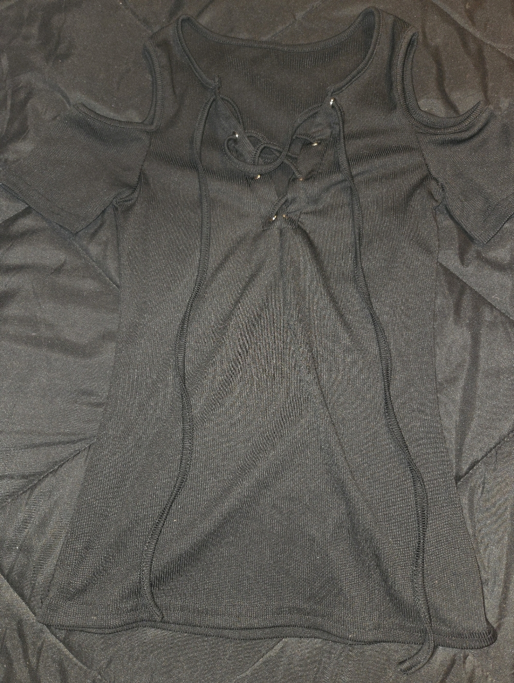 Black Cold-Shoulder Lace-Up Ribbed Top - Picture 3 of 3
